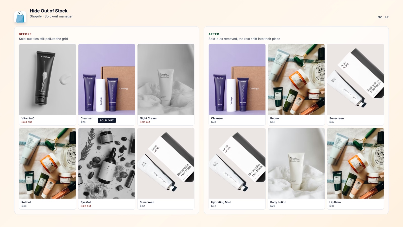 Before and after of a Shopify product page with sold-out variants hidden