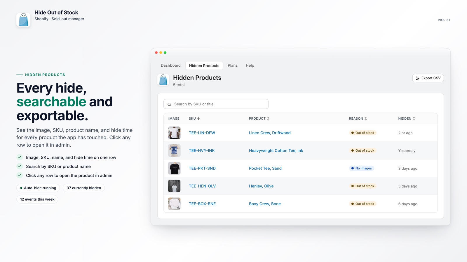 List of hidden Shopify products with hide time in Hide Out of Stock