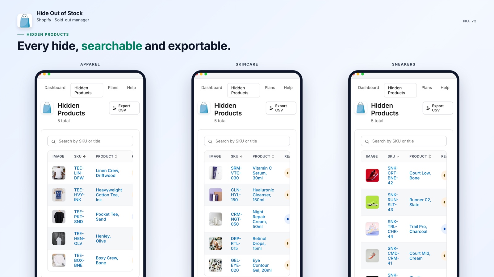 List of hidden Shopify products in Hide Out of Stock on mobile