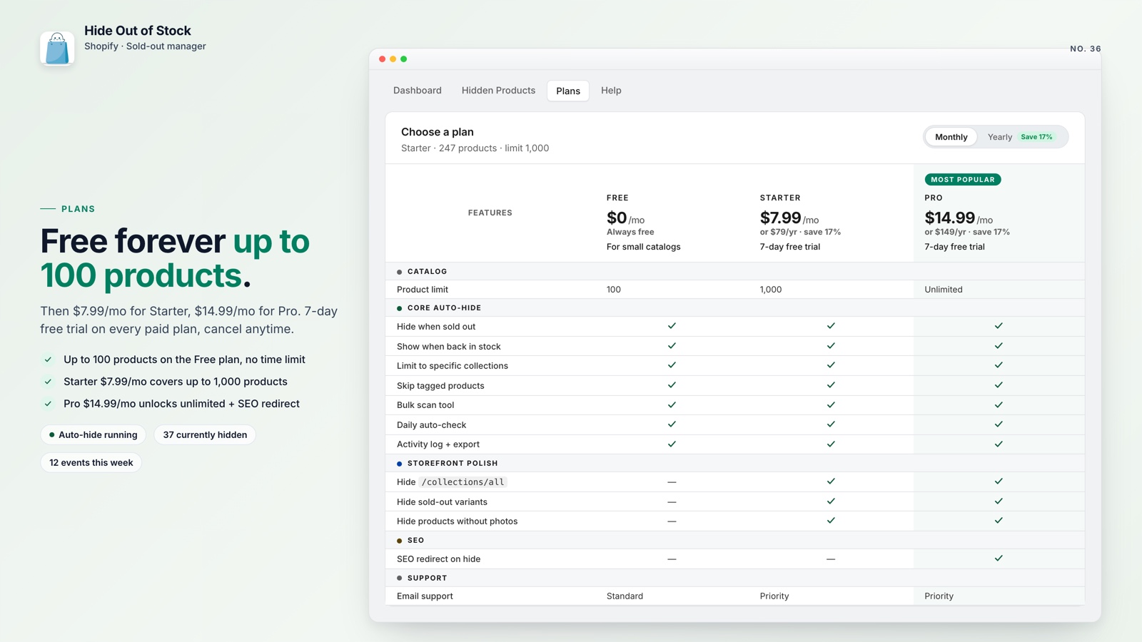 Hide Out of Stock pricing plans for Shopify