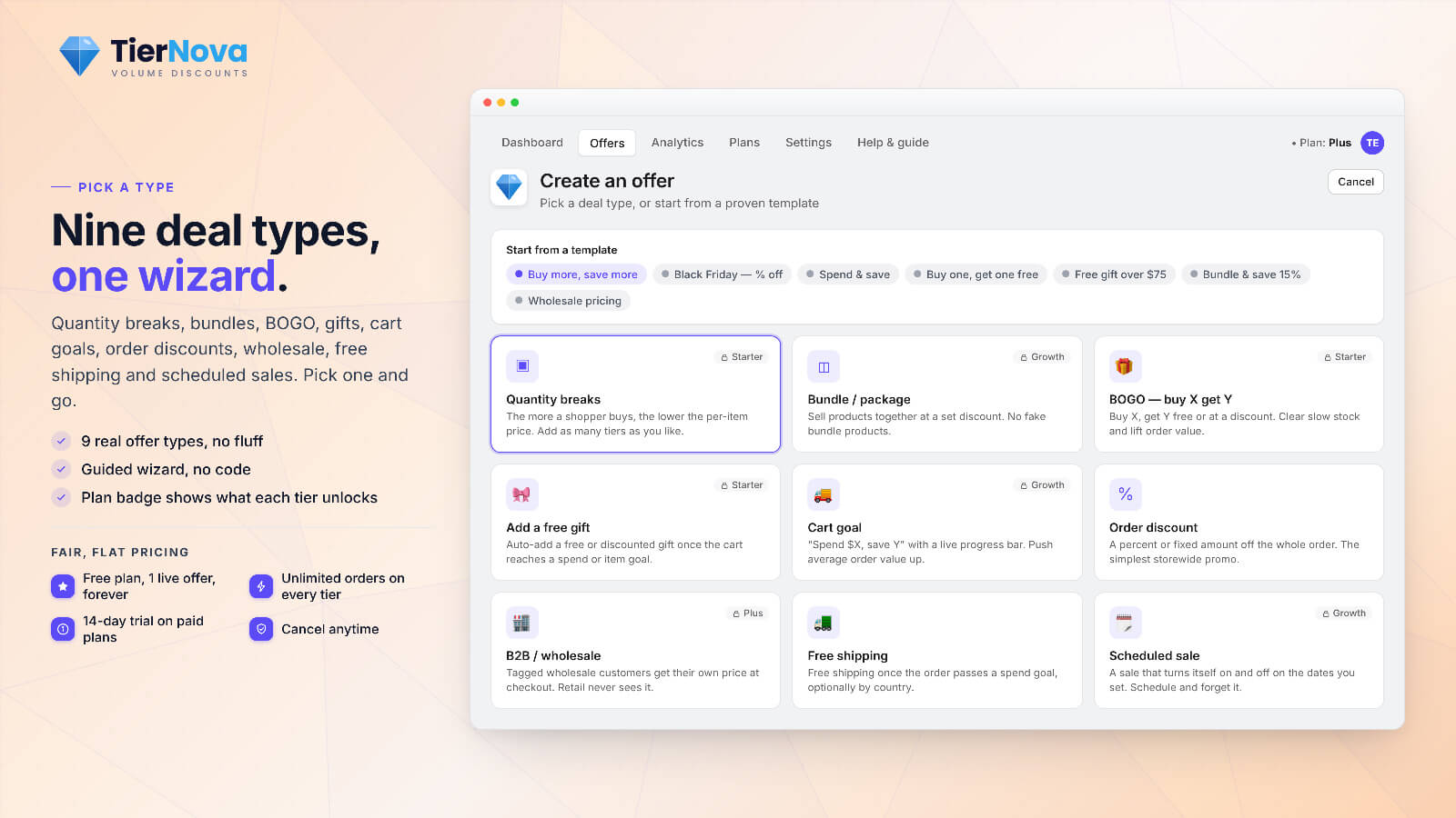 TierNova create-an-offer wizard with nine deal types and ready-made templates, the modern replacement for Shopify Scripts