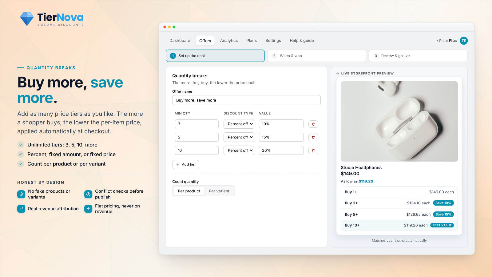 TierNova quantity breaks with a live volume pricing table