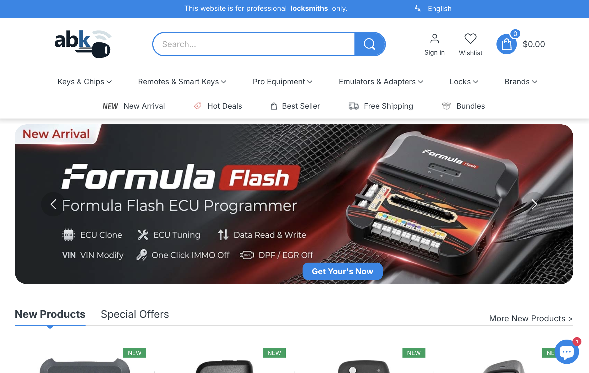 abkeys.com store homepage with multilingual navigation